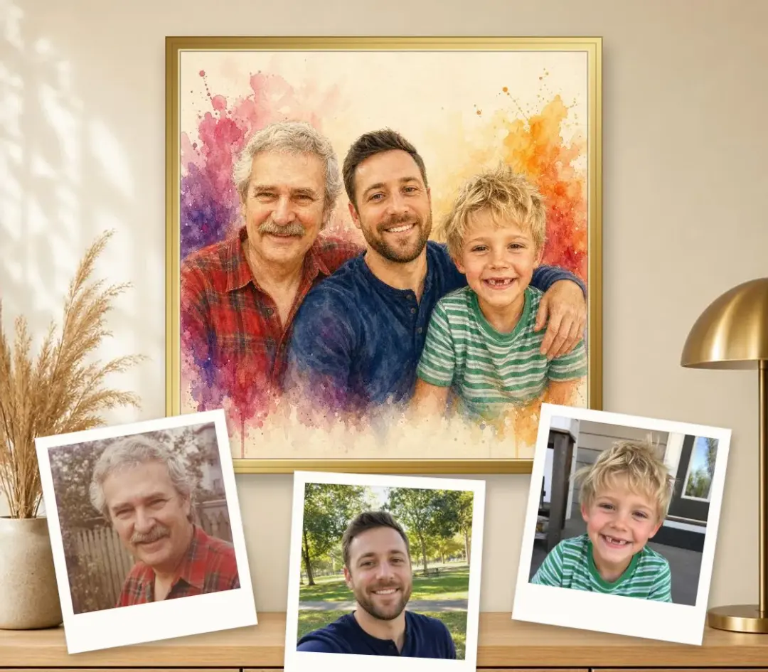 Watercolor portrait of a grandfather, father and young son in a gold frame, with the three separate photos it was painted from