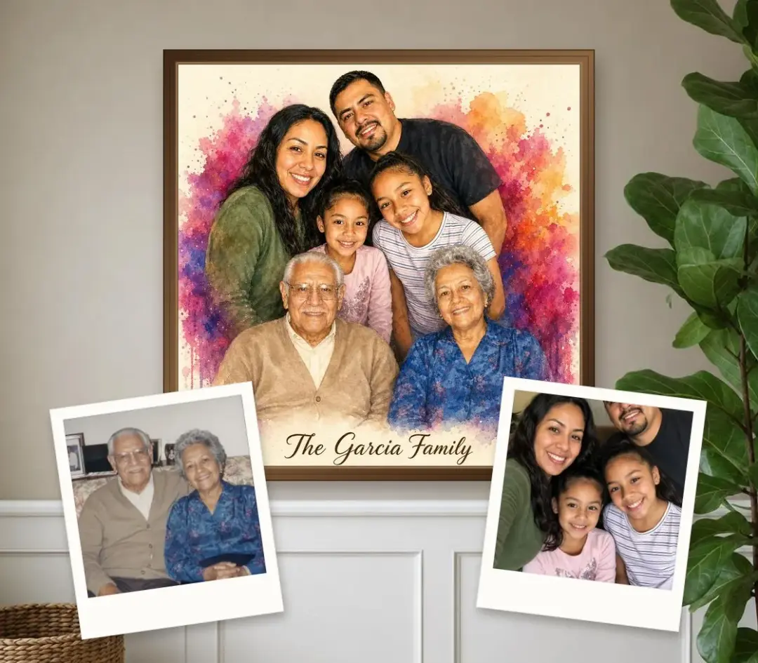 Watercolor portrait of grandparents, parents and two girls in a walnut frame, with an old print of the grandparents and a family selfie