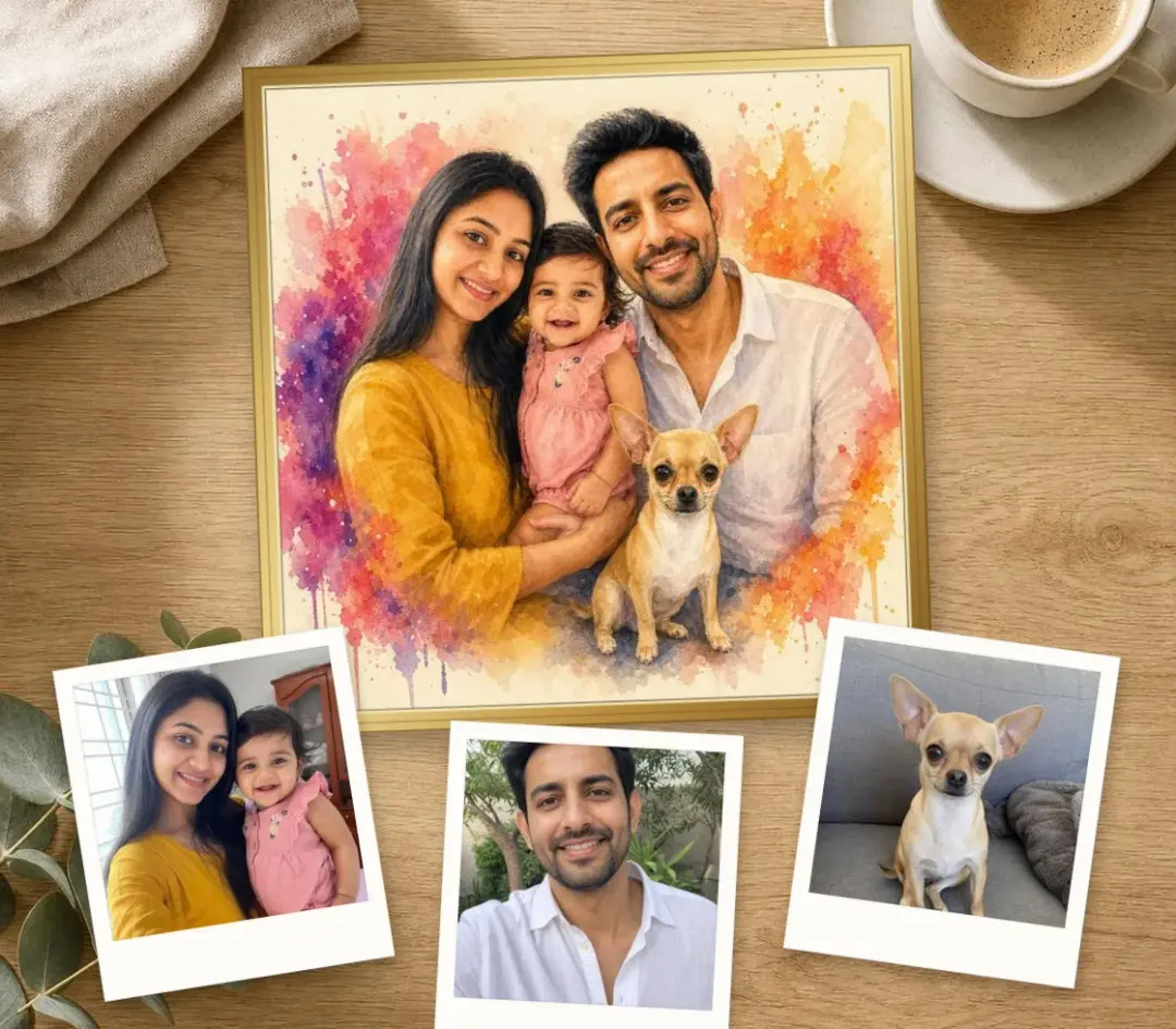Watercolor portrait of a mother, baby, father and chihuahua, with three separate photos of them