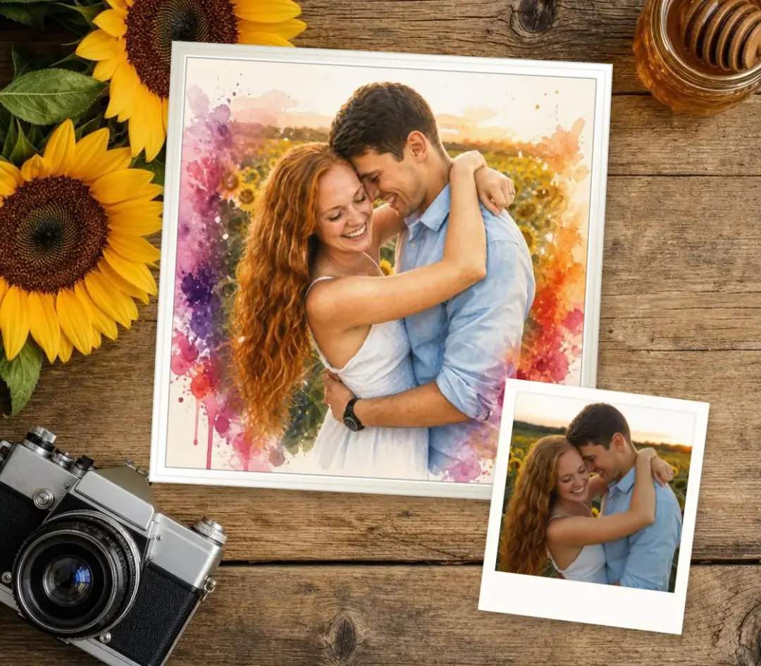 Watercolor portrait of a couple hugging in a sunflower field, with the photo it was painted from