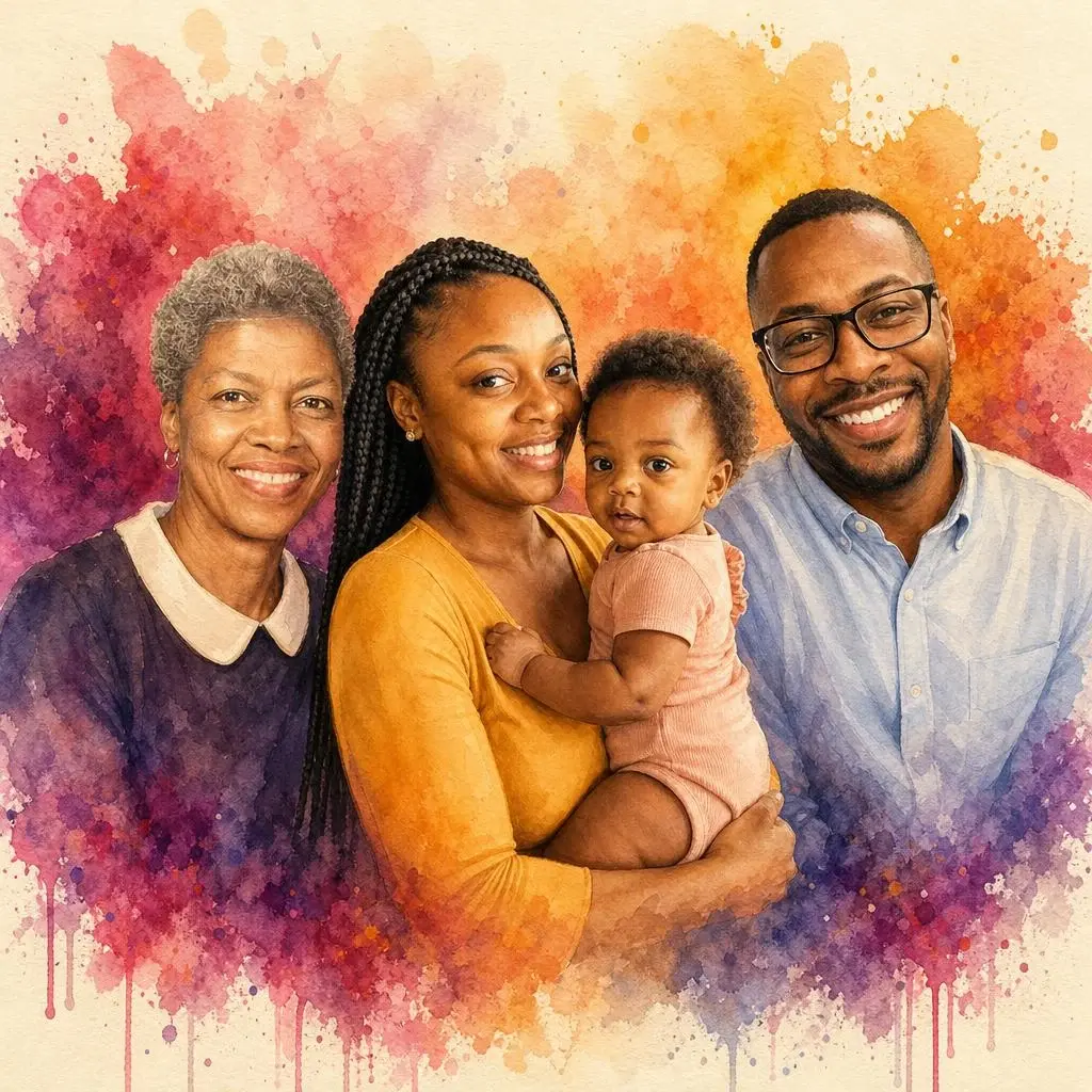 Watercolor family portrait of a grandmother with her family and a new baby