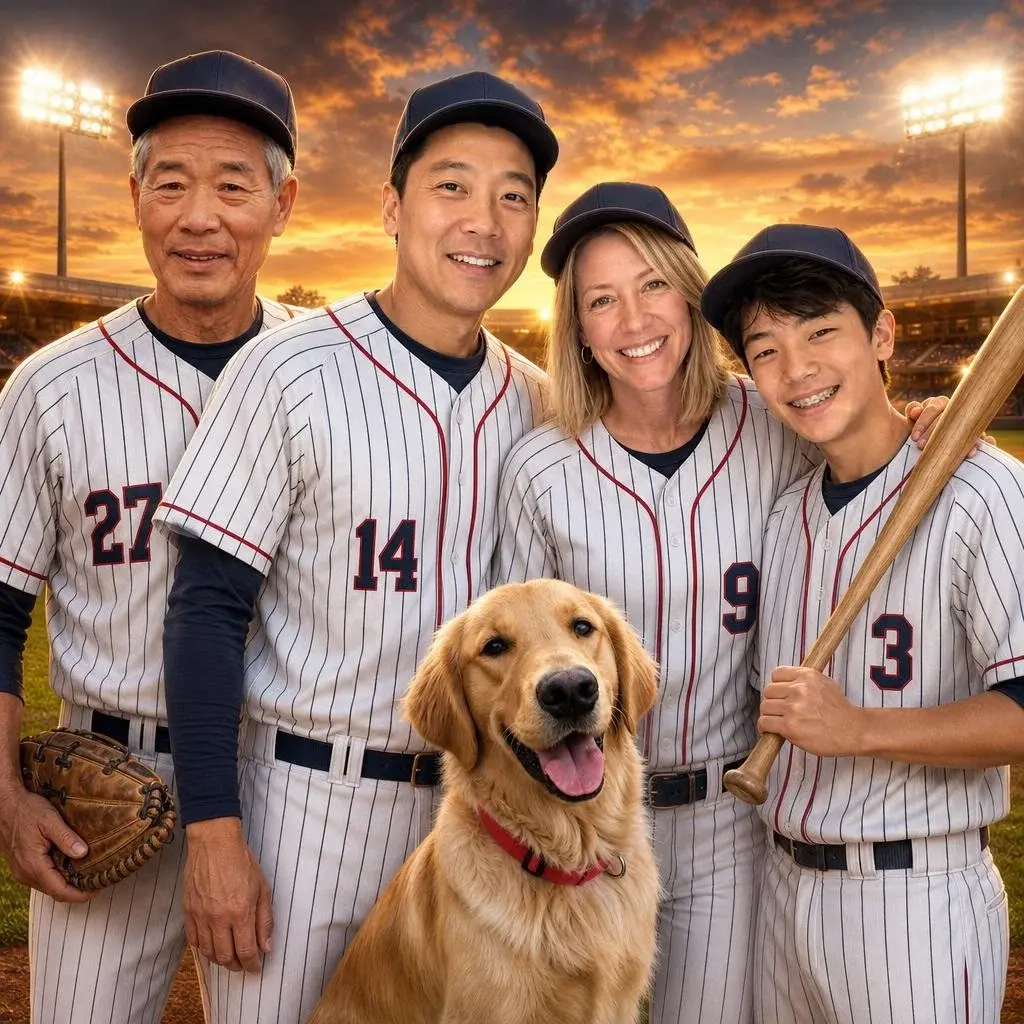 Family team poster of three generations and their dog in baseball uniforms