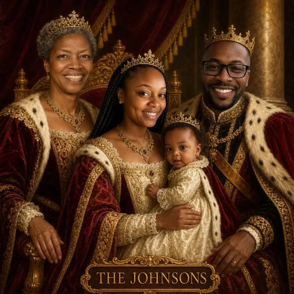 Royal family portrait of grandmother, parents and baby in crowns and ermine robes
