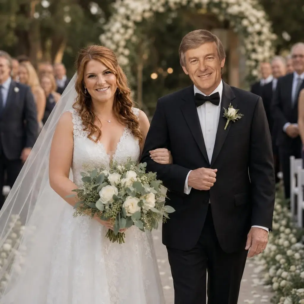 Wedding photo of a bride walking down the aisle arm in arm with her late father