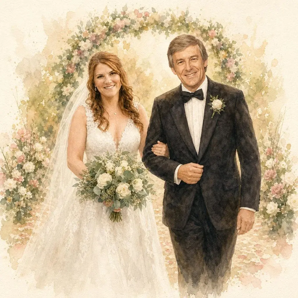 Watercolor of a bride walking down the aisle arm in arm with her late father