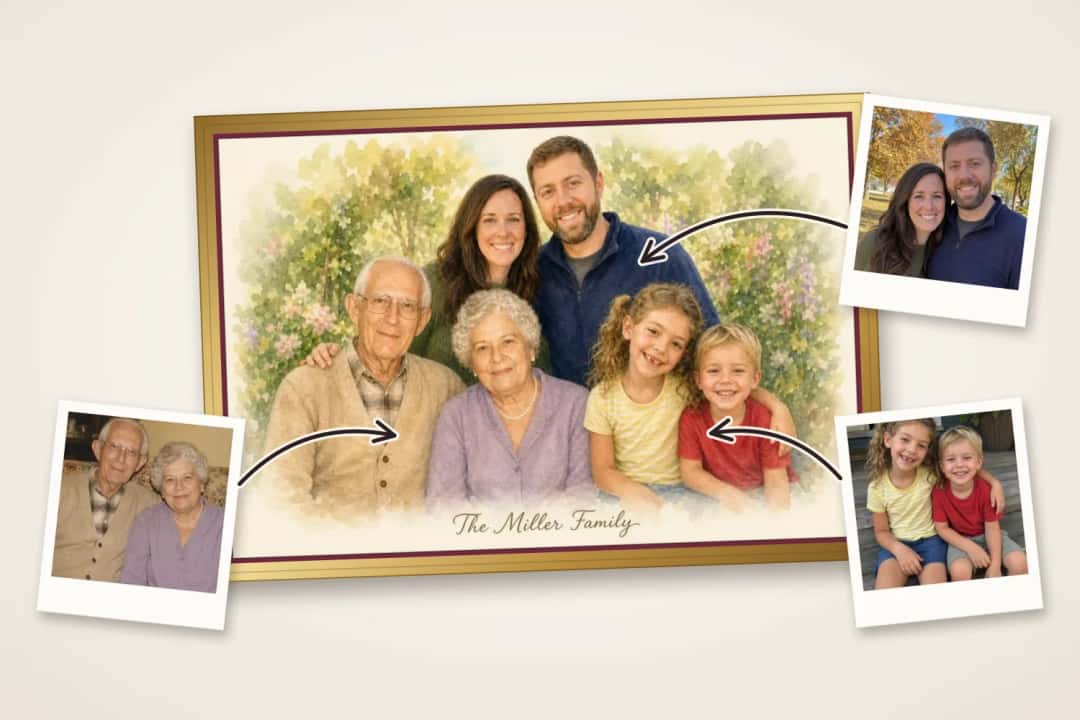 Watercolor family portrait in a gold frame, with arrows from each original photo to that person in the painting