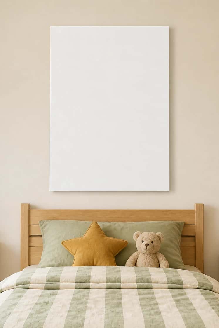Power Up baseball art on a gallery-wrapped canvas in a kids’ room
