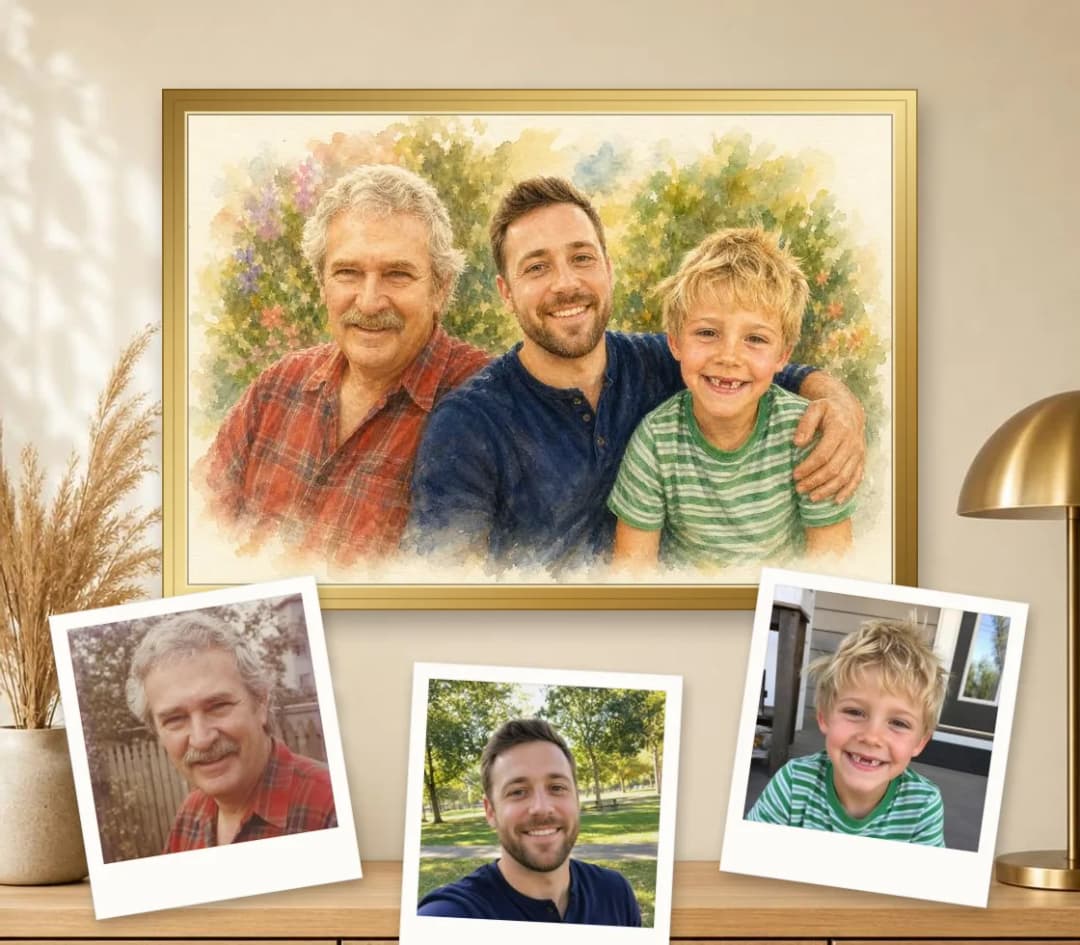 Watercolor portrait of a grandfather, father and young son in a gold frame, with the three separate photos it was painted from