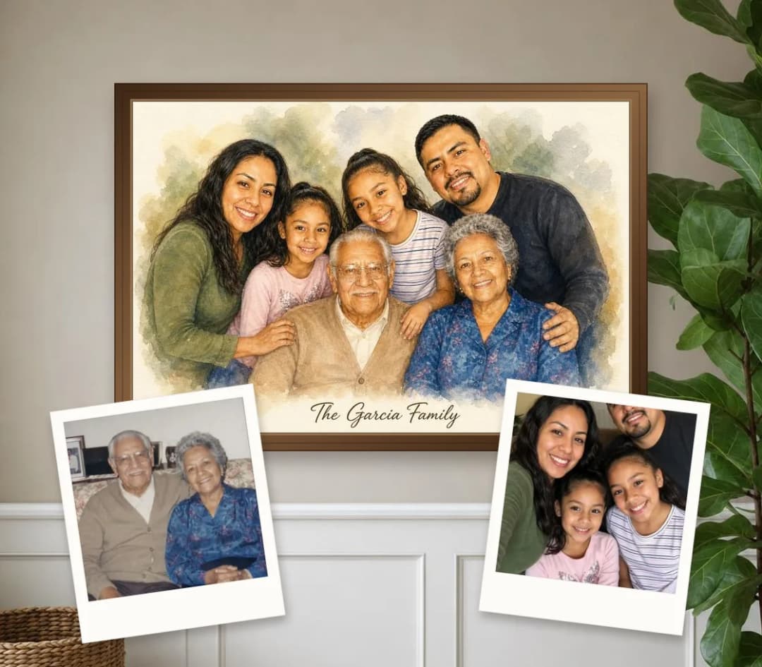 Watercolor portrait of grandparents, parents and two girls in a walnut frame, with an old print of the grandparents and a family selfie