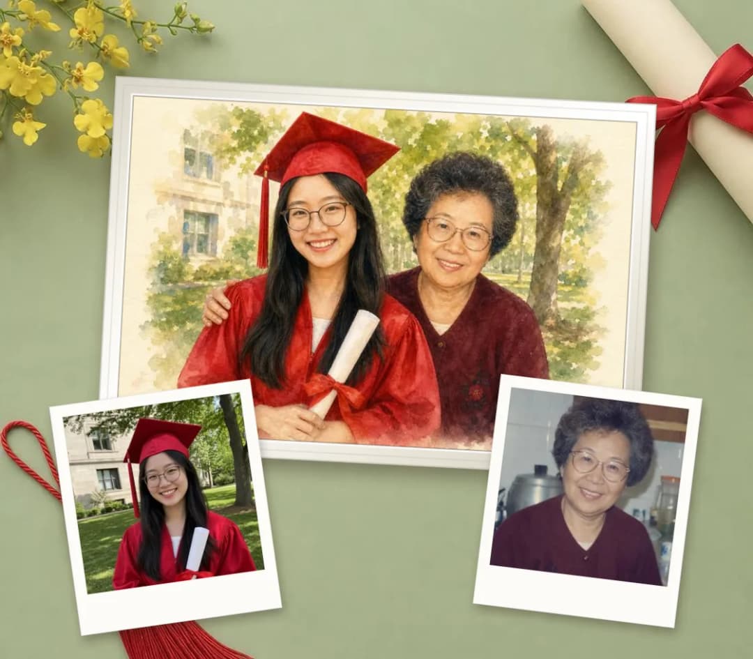Watercolor portrait of a graduate in a red cap and gown with her grandmother, with a photo of each