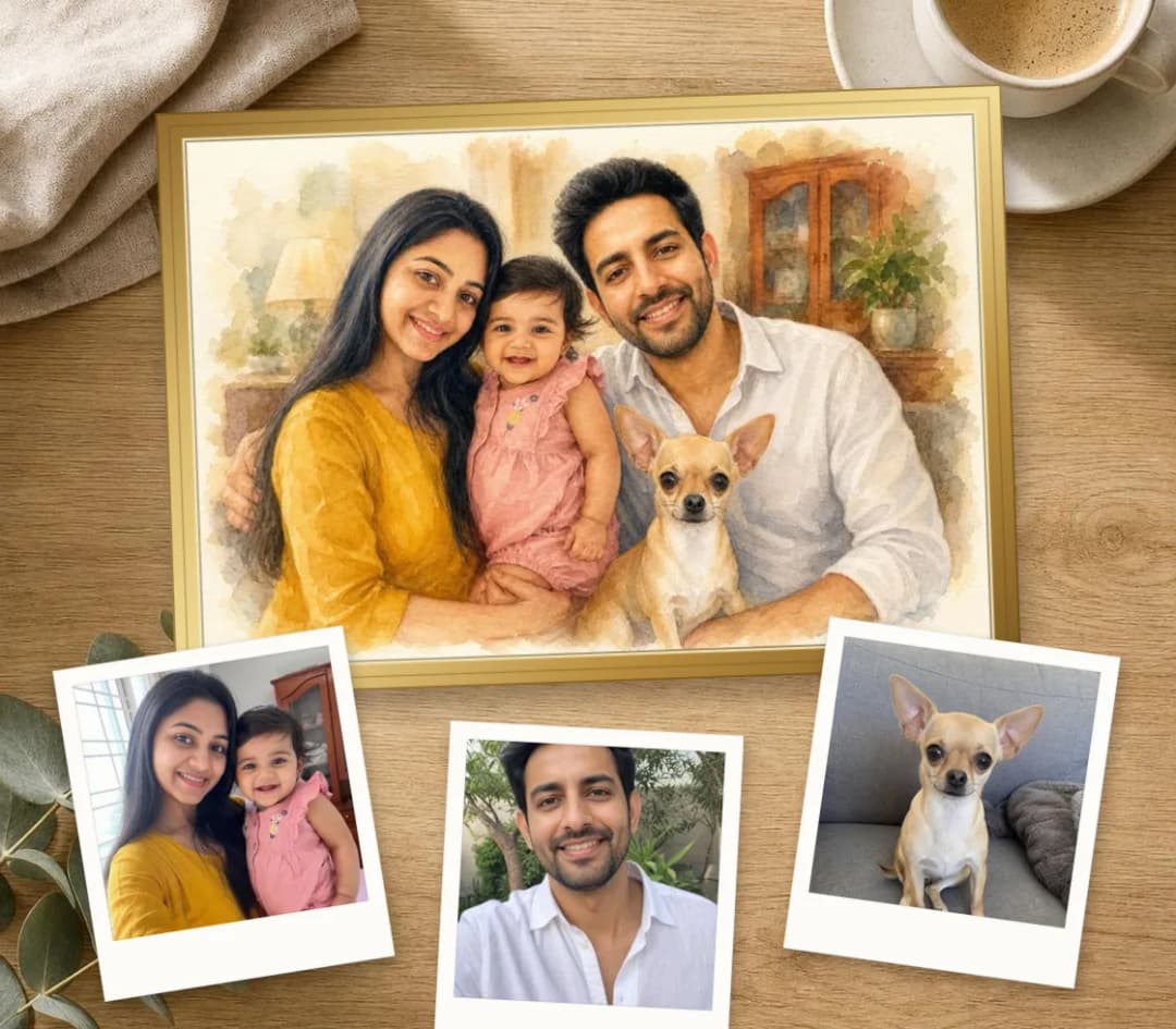 Watercolor portrait of a mother, baby, father and chihuahua, with three separate photos of them