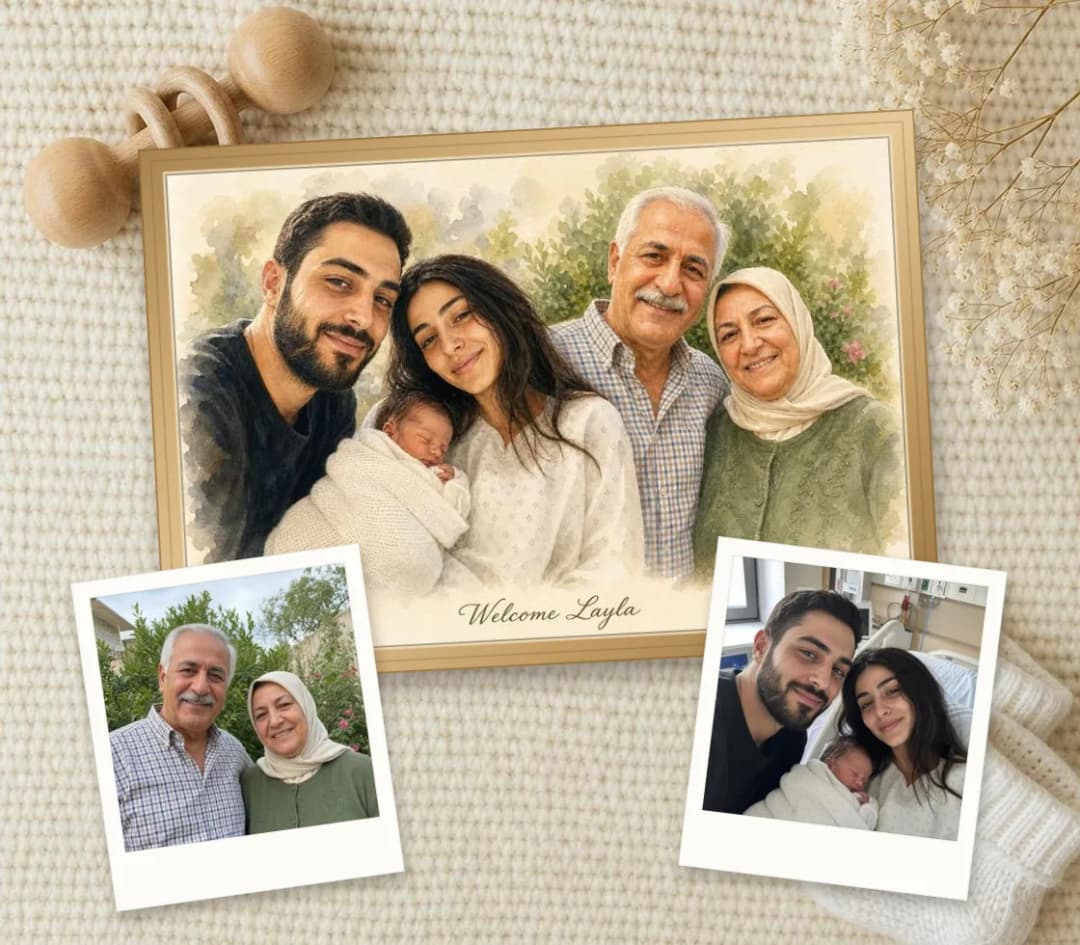 Watercolor portrait of parents holding a newborn beside the grandparents, with a hospital photo and a photo of the grandparents
