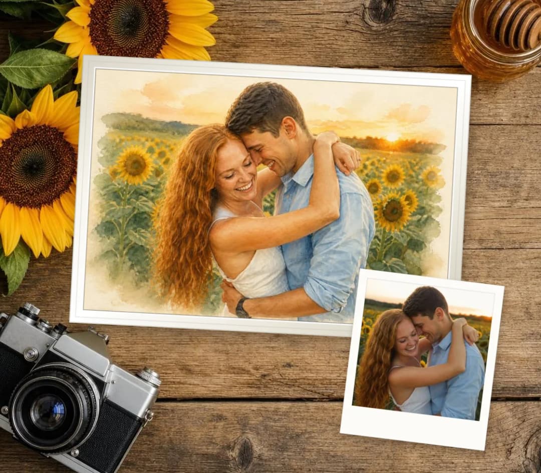 Watercolor portrait of a couple hugging in a sunflower field, with the photo it was painted from