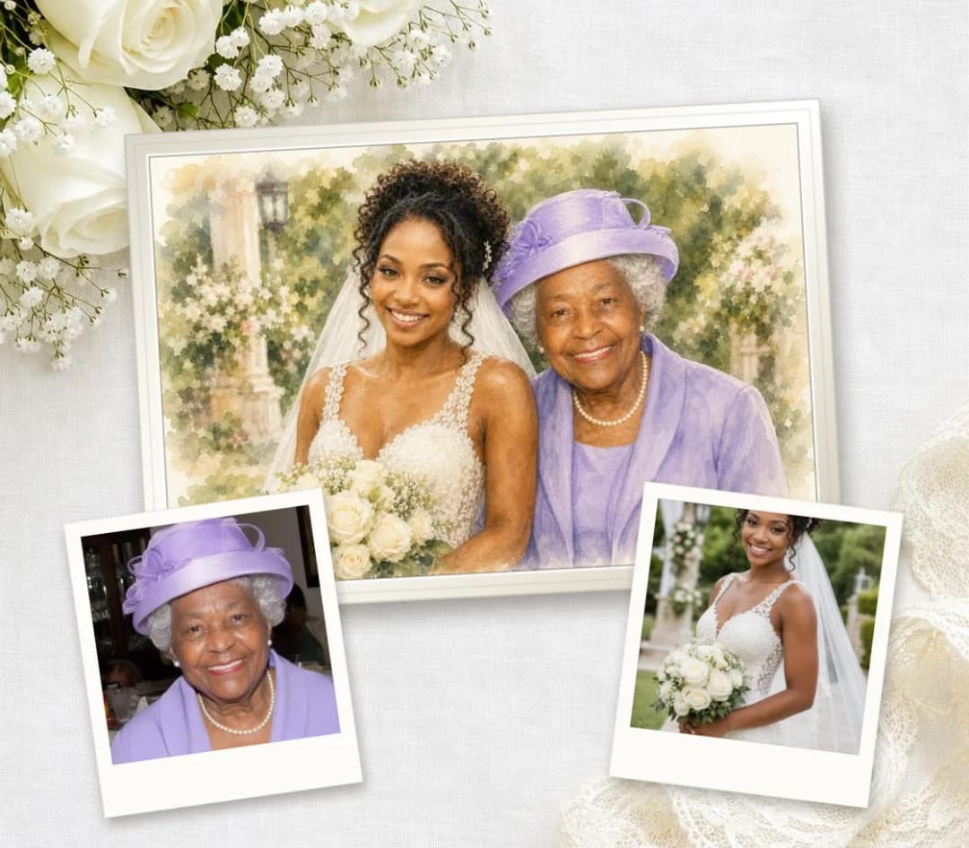 Watercolor portrait of a bride and her grandmother side by side, with the bride's wedding photo and a photo of her grandmother