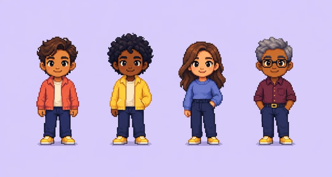 Four pixel hero examples with different skin tones, hairstyles, clothing and glasses