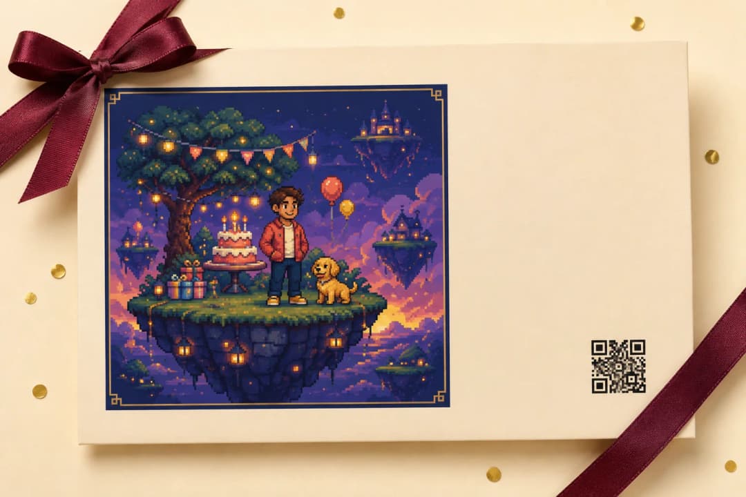 A cream gift-card mockup with pixel artwork and a decorative sample QR code, tied with a burgundy ribbon