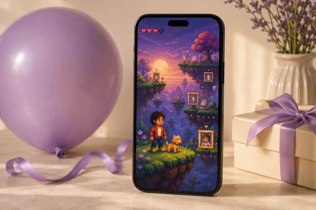 A phone displaying the personalized pixel adventure, beside a lavender balloon