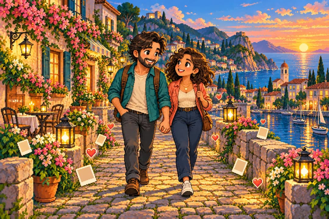 Illustrative pixel-art couple sharing a walk through a glowing coastal town