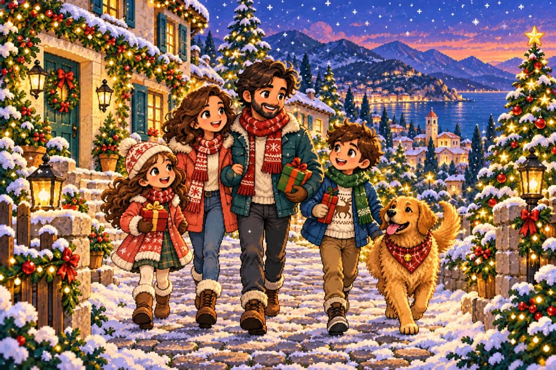 Illustrative pixel-art family and dog outside a warmly lit snowy holiday cottage