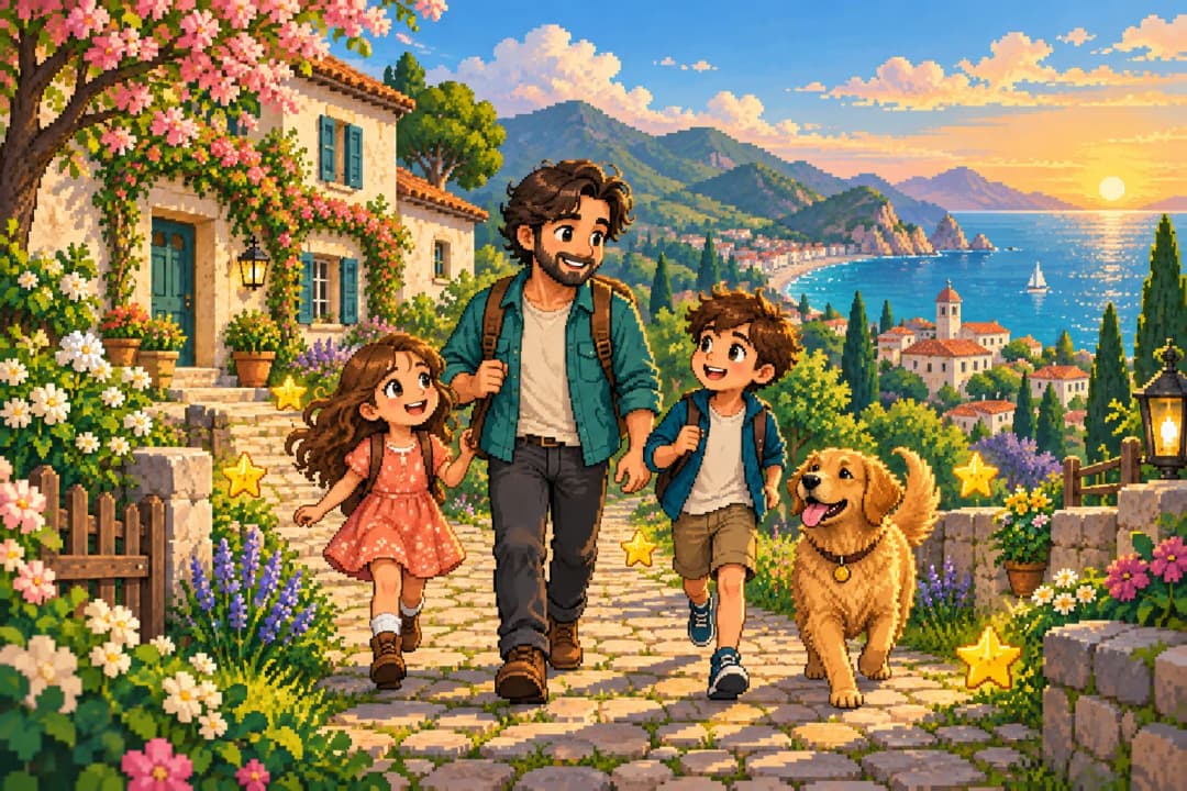 Illustrative pixel-art dad walking through a sunny garden with two children and a golden dog