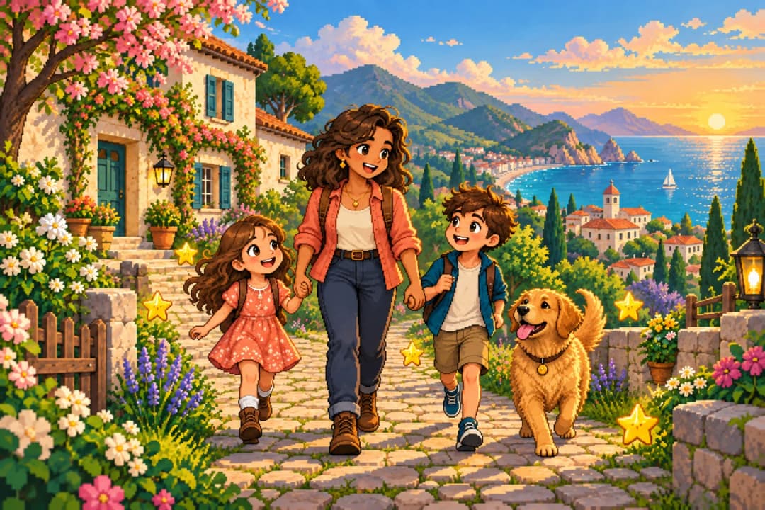 Illustrative pixel-art loved ones spending a happy afternoon in a flower garden