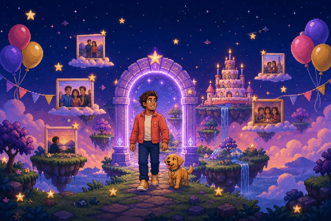 A birthday hero and golden dog enter a magical world of floating memories, balloons and a cake castle