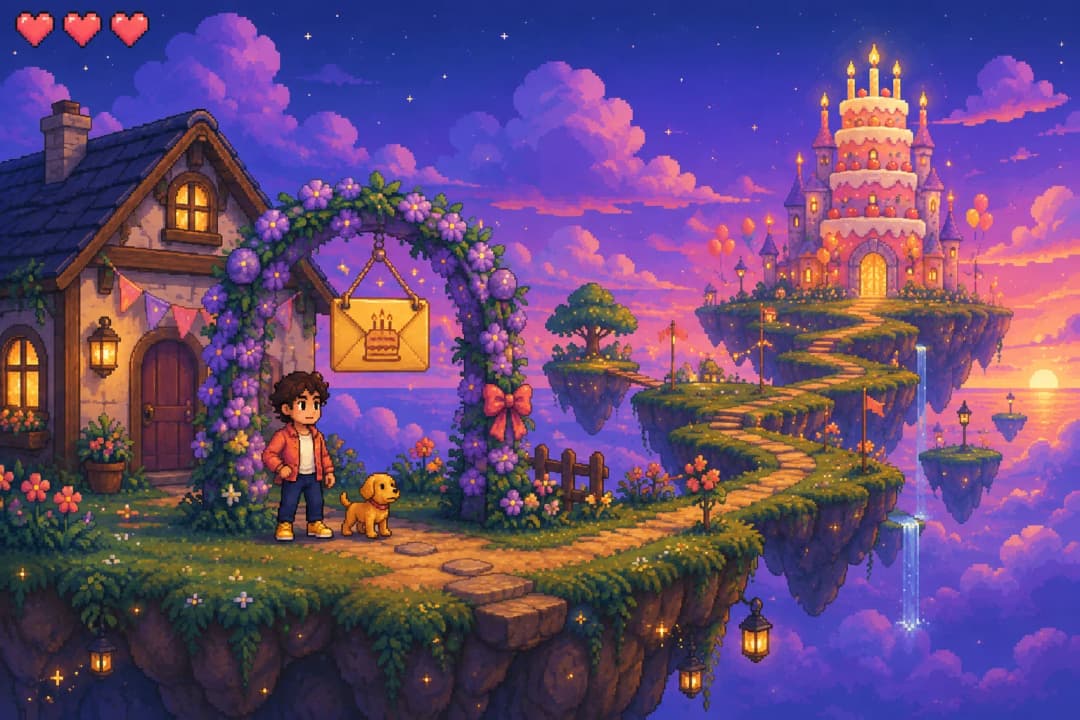 A pixel birthday cottage and a path to a cake castle